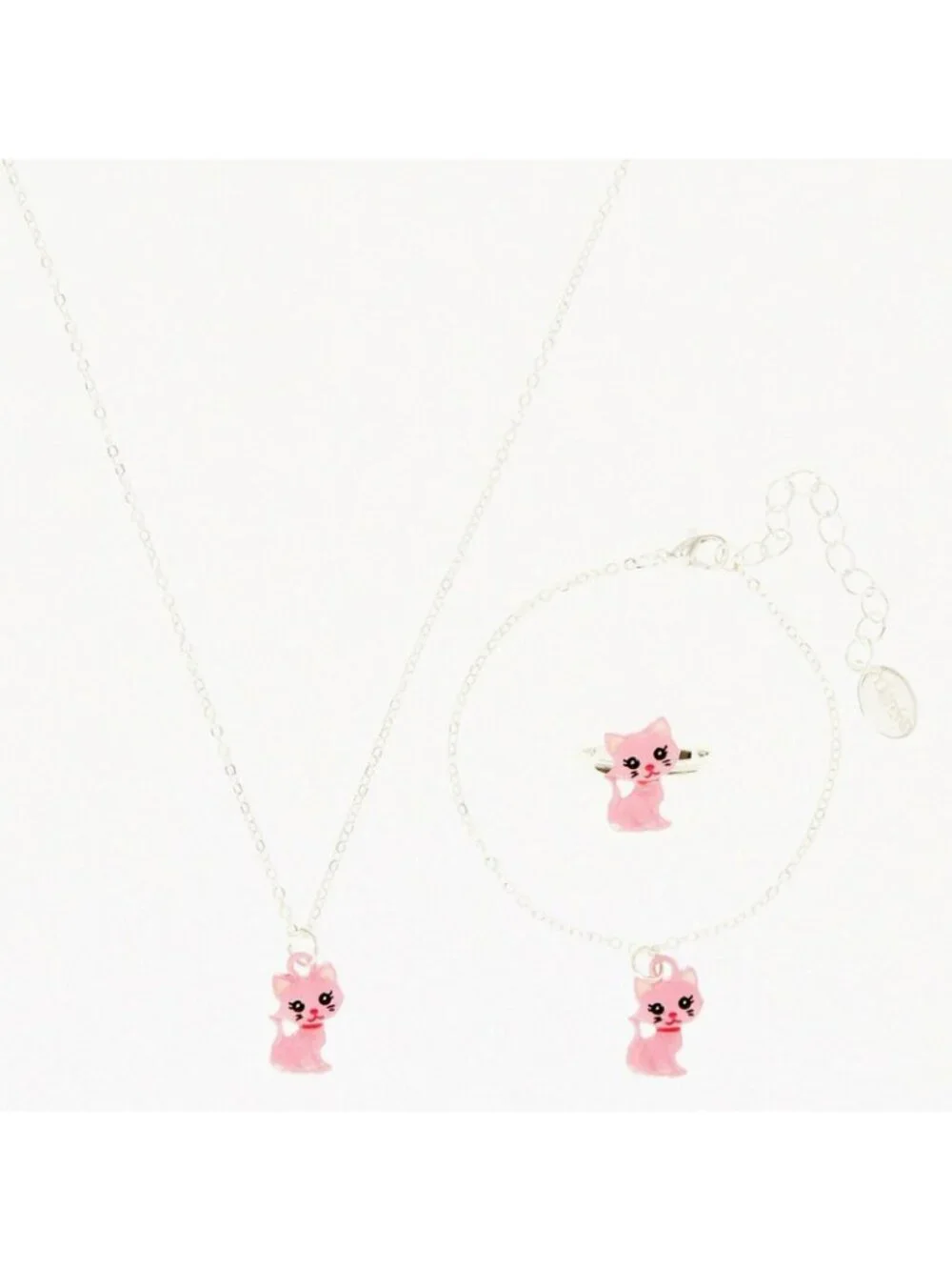 Claires Club Kitten Jewelry Set Necklace Bracelet Ring Silver Tone Pink
